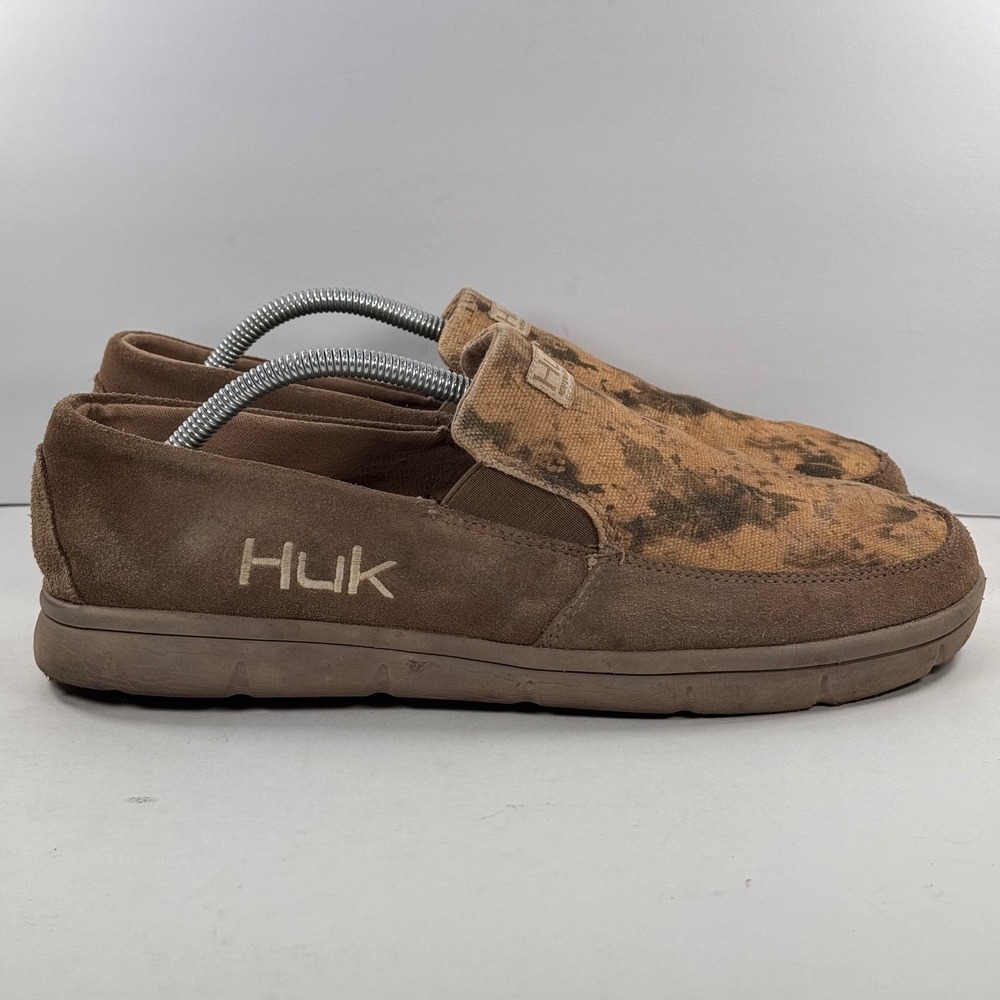 Huk Brewster Leather Mens 10 Brown Camo Slip On Fishing Deck Shoes H8012300295